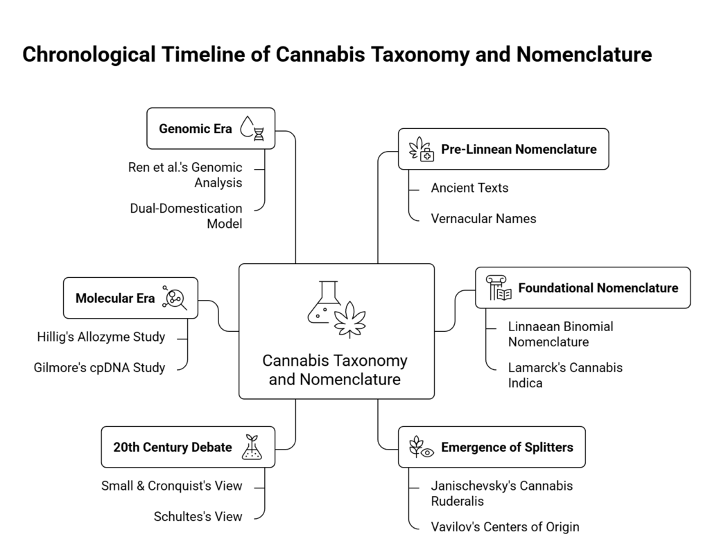 Cannabis Taxonomy and Nomenclature infographic and timeline